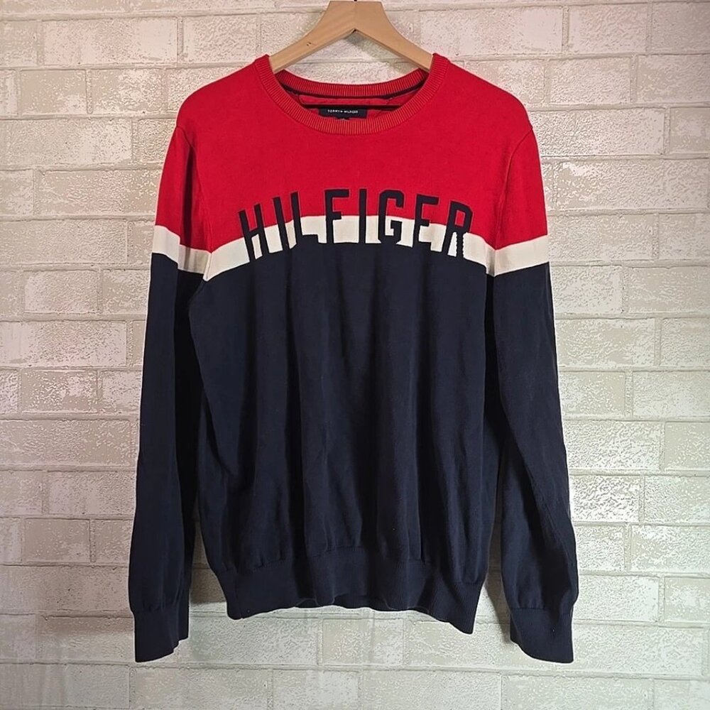 Vintage TOMMY HILFIGER Sweater Adult Large LOGO Preppy College Stripe Cotton
